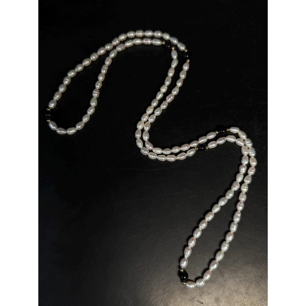 14K Gold Freshwater Pearl Onyx Endless Necklace 33 Inch 28.5g